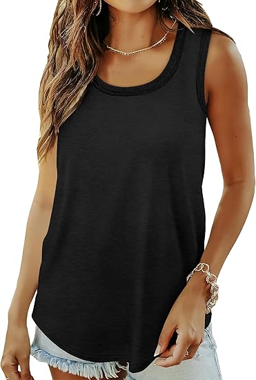 Womens Tank Tops Summer Loose Sleeveless Tops Ribbed Trim Scoop Neck Curved Hem