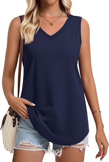 Women's Tank Tops Sleeveless V Neck Loose Fit Shirts Summer Flowy Curved Hem