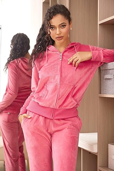 Velour Tracksuit Womens Sweatsuit Set - Athletic Zip Up Hoodies and Sweatpants Outfits with Stripes